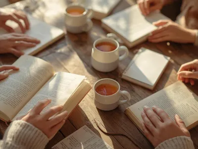 hands holding books, streaming sunlight and cups of tea