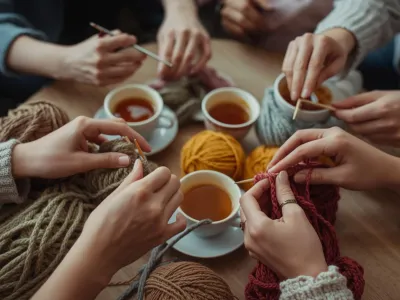 Hands knitting with tea