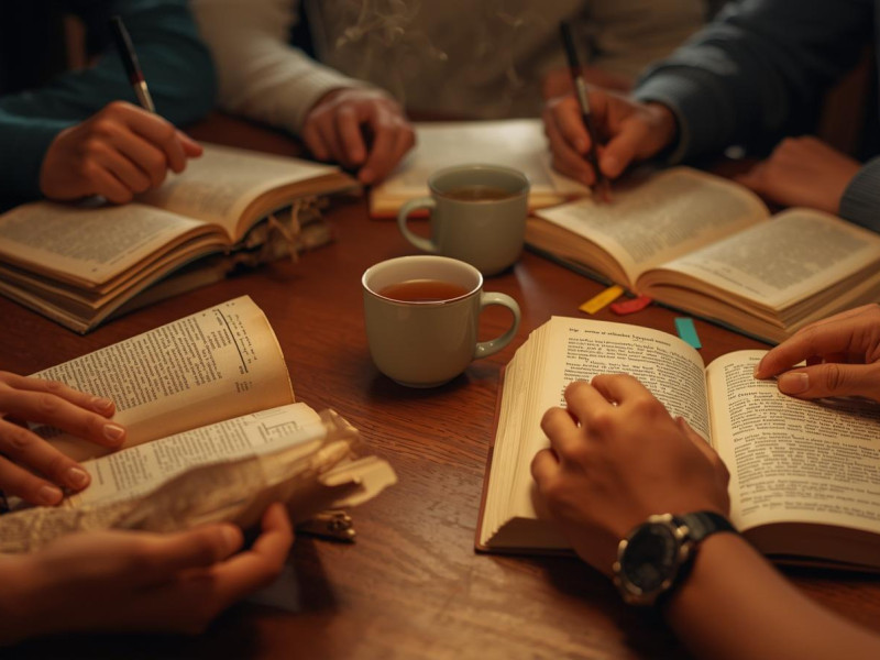 hands holding books, mugs of tea