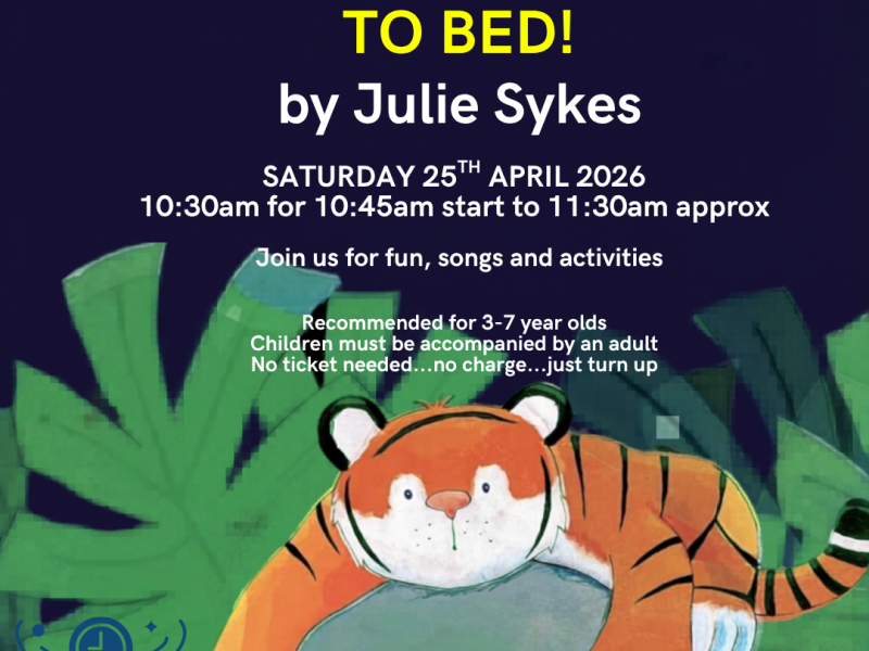 April 2026 Story Time Poster featuring a reclining tiger