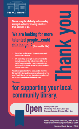 Volunteer for Skircoat Green Library banner