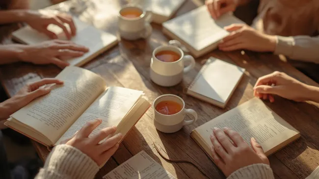 hands holding books, streaming sunlight and cups of tea