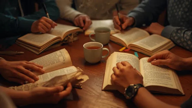 hands holding books, mugs of tea
