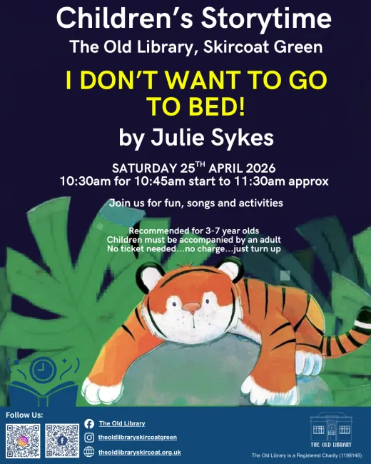 April 2026 Story Time Poster featuring a reclining tiger
