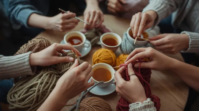 Hands knitting with tea